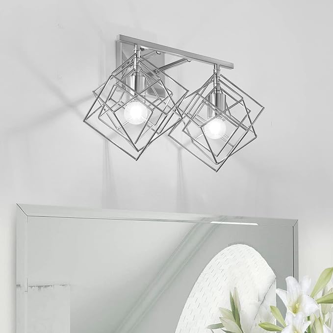Bathroom Vanity Light with 2 Bulbs Bathroom Light Fixtures Over Mirror with 2 Rotatable Cube Shades Modern Wall Mounted Silver Brushed Nickle