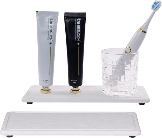 2 Pcs Water Absorbing Stone Trays, Kitchen/Bathroom Sink Soap Dish, Diatomite Tray Used for Hand Soap & Cosmetic Bottles in The Modern Home, 4" W x 10.2" L, White