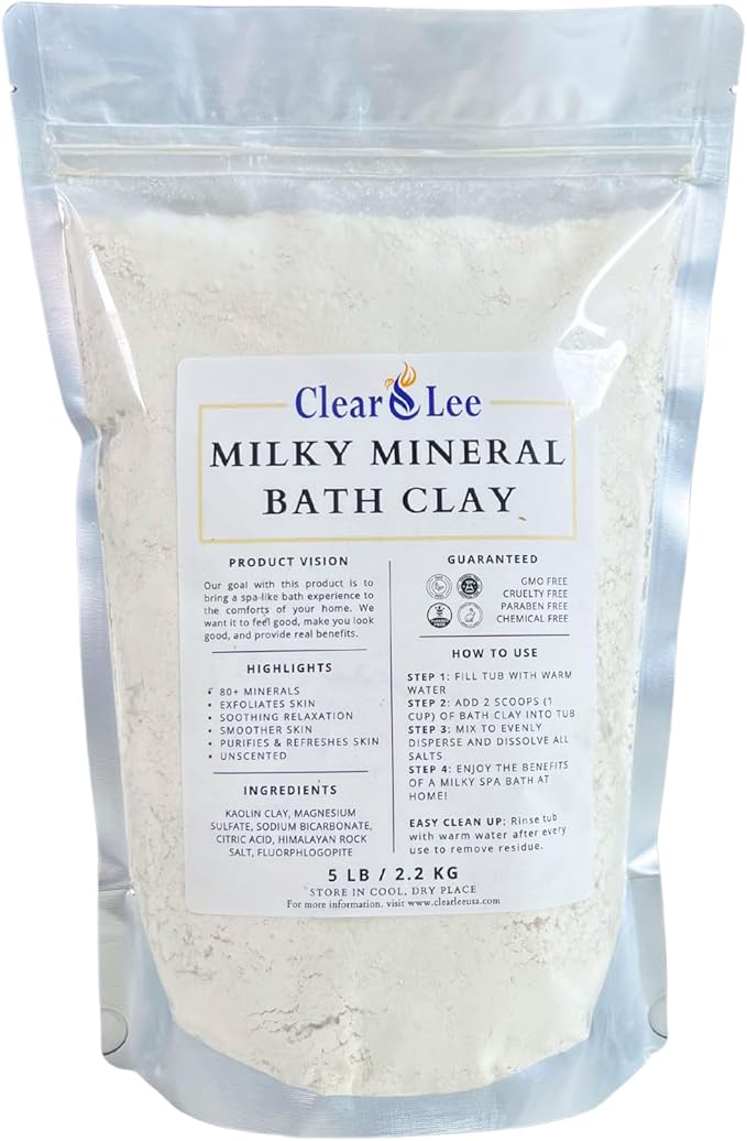 ClearLee Milky Mineral Bath Clay - Kaolin Clay, Magnesium Sulfate (Epsom Salt), Himalayan Rock Salt - Soothing and Relaxing Soak - Exfoliation for Smoother Skin - 5 lb (12-15 Baths)