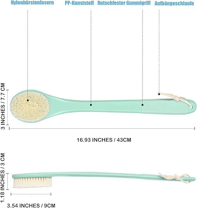 17-Inch Back Scrubber for Shower, Anti-Slip Exfoliating Body Brush for Bath, Gentle Back Brush for Shower for Men, and Women, Cleaning Skin for Smooth, Glowing Skin (Celadon Green)