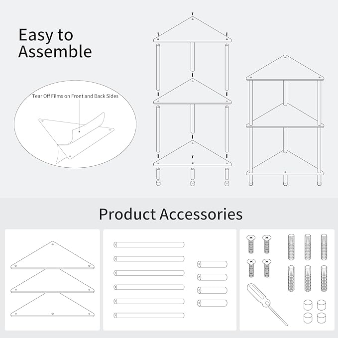 Clear Triangle Acrylic Side Table for Small Space, 11.81" L x 11.81" W x 26.7" H, 3-Tier Transparent Corner Shelf Stand End Table, Corner Storage Display Rack for Living Room Bedroom Bathroom