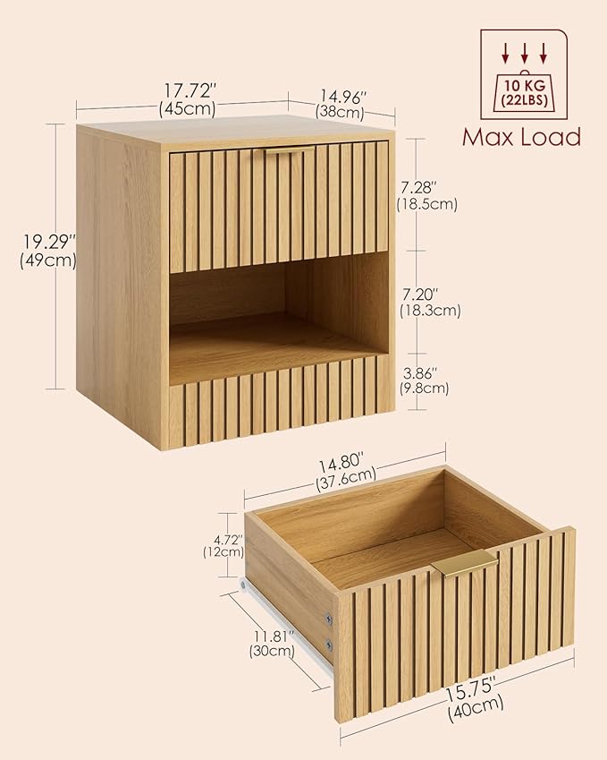 Nightstand, Modern Night Stand, Bedside Table with Drawer and Open Shelf, Cube Design, Side Table for Bedroom, Living Room, Oak