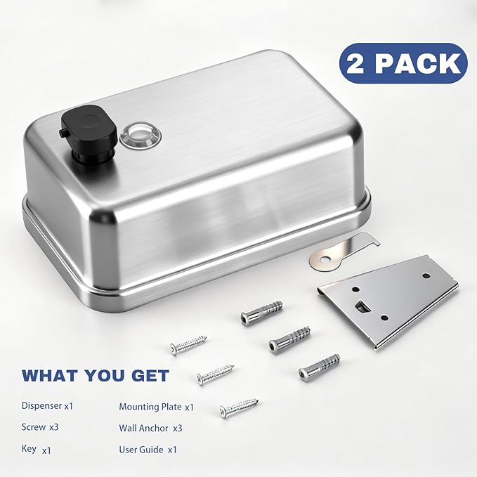 2 Pack Commercial Wall Mount Soap Dispenser 1100ml/37oz Each – Heavy Duty Stainless Steel Liquid Hand Soap Dispenser with Anti-Leak Pump & Corrosion-Proof Liner for Bathroom, Kitchen, Hotel (Vertical)