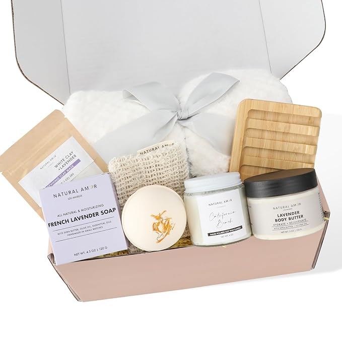 Natural Amor 8-Piece Spa Gift Set with Blanket – Self-Care Box with Lavender Body Butter, Soap, Candle – Blanket with Grey Ribbon Gift for Women, Birthday, Holiday