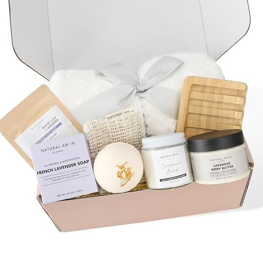 Natural Amor 8-Piece Spa Gift Set with Blanket – Self-Care Box with Lavender Body Butter, Soap, Candle – Blanket with Grey Ribbon Gift for Women, Birthday, Holiday