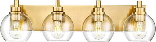 Bathroom Light Fixtures, 4 Light Brushed Gold Vanity Light, 26 Inch Modern Wall Sconces with Globe Clear Glass Shade, Vanity Lighting Fixtures Over Mirror, VL195-BG-CL-4