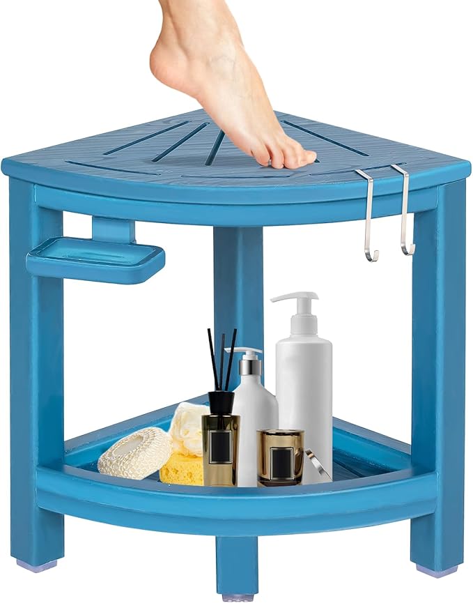 2-Tier Corner Shower Stool with Hooks & Soap Dish, HDPE Shower Bench for Shaving Legs, Wood-Like Shower Stool for Inside Shower with Non-Slip Foot Pads, Waterproof Shower Foot Rest (Blue)