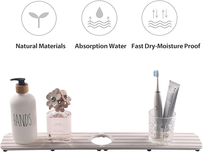 23.6inch x 4inch Kitchen Sink Faucet Mat, Water Absorbing Stone Faucet Splash Guard for Bathroom Counter, Quick Drying Diatomite Tray for Kitchen Sink, White