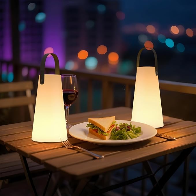 2 Pack Outdoor Lanterns, GGII Rechargeable Cordless Outdoor Table Lamp with IP44 Water-Resistant, Battery Operated Portable Hanging Outdoor Lamp RGB Colors for Patio Balcony Garden Camping Dining(TPU)