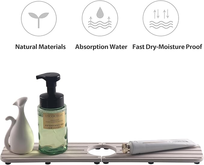 17inch x 4inch Kitchen Sink Faucet Mat, Water Absorbing Stone Faucet Splash Guard for Bathroom Counter, Quick Drying Diatomite Tray for Kitchen Sink, Light Gray