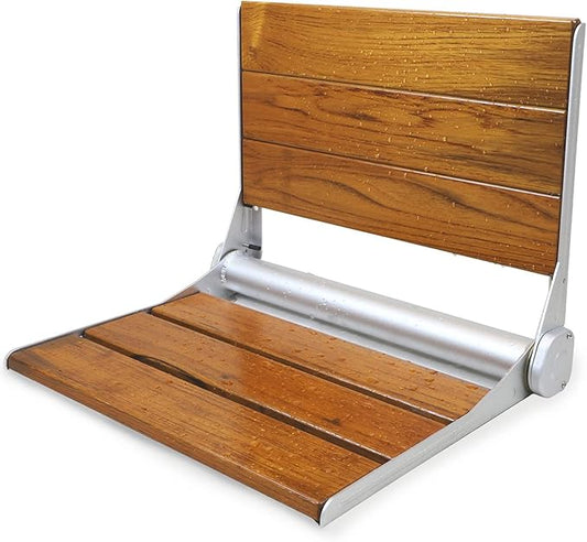 18" ADA Compliant Folding Serena Teak Wood Shower Bench Seat, Clear Coated for Extra Protection and Smooth Modern Finish, Foldable Aluminum Wall-Mounted Fold Up Bathroom Stool Seating Chair