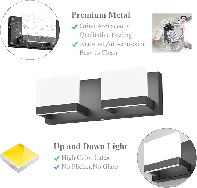 Tipace LED Dimmable Bathroom Vanity Light - 2 Lights Frosted White Acrylic Up and Down Fixture Over Mirror (6000K)