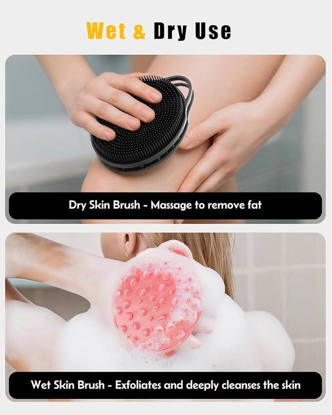 2 in 1 Silicone Body Scrubber, Anti Cellulite Massage Scrubber, Exfoliating Shower Brush for Men & Women, Removes Dead Skin, Reduces Cellulite, Improves Circulation, Non Slip (2PC, Black + Pink)