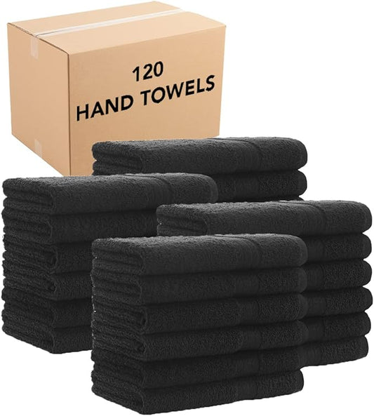 Arkwright True Color Solid Hand Towels - Bulk Case Set of 120 - Soft 100% Cotton Guest Bathroom Towel, Lightweight 475 GSM, Absorbent & Quick Dry, 16 x 27 in, Black