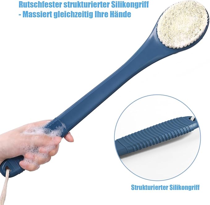 17-Inch Back Scrubber for Shower, Anti-Slip Exfoliating Body Brush for Bath, Gentle Back Brush for Shower for Men, and Women, Cleaning Skin for Smooth, Glowing Skin (Blue)