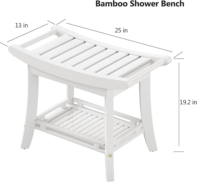Bamboo Shower Bench Chair Bathroom Shower Stool Seat for Inside Shower Bathtub with Storage Shelf Shower Foot Rest for Shaving Legs 25.2 x 13 x 19.2 Inches White