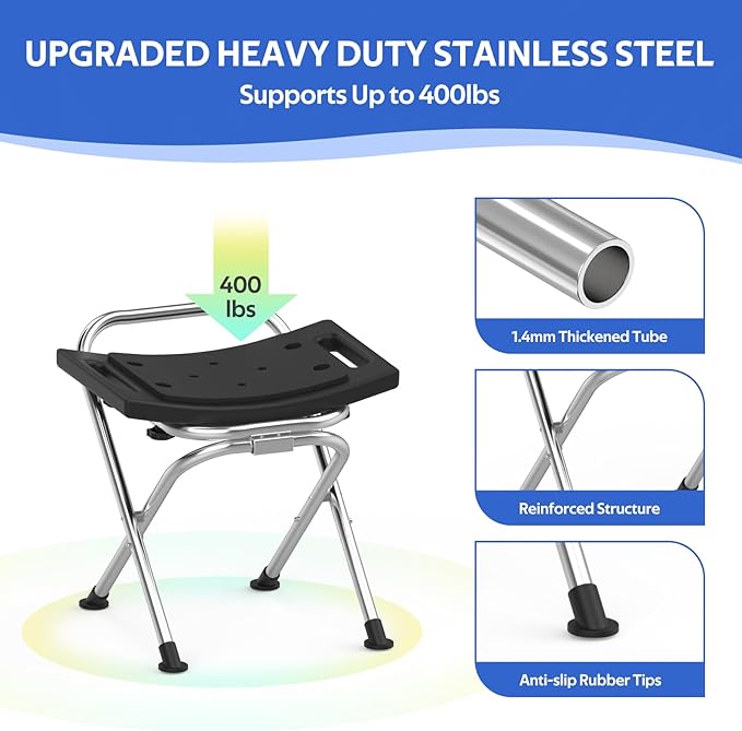 Meday Folding Shower Chair for Inside Shower - Stainless Steel Foldable Shower Seat with Cushion - 400lbs Bathroom Stool, Collapsible Portable Travel Bath Bench for Elderly Senior Handicap & Disabled