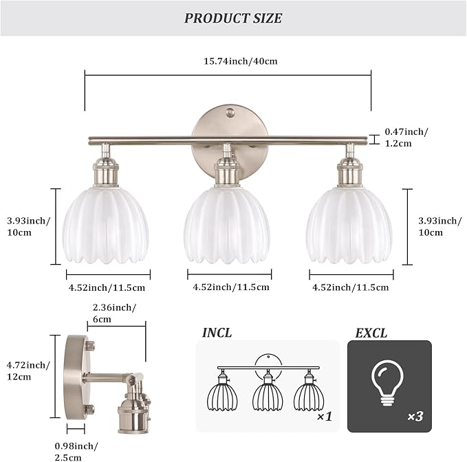 Bathroom Light Fixtures, 3-Light Vanity Wall Light Over Mirror with White Tulip Glass Shade for Bedroom Living Room (Bulb Not Included), Satin Nickel