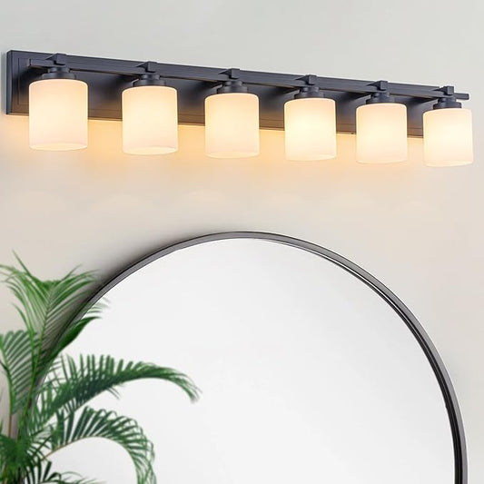 6 Light Modern Bathroom Light Fixtures Over Mirror, Black Vanity Lights for Bathroom Wall Sconces with Milky White Glass Shades, E26 Socket (Bulbs Not Included)