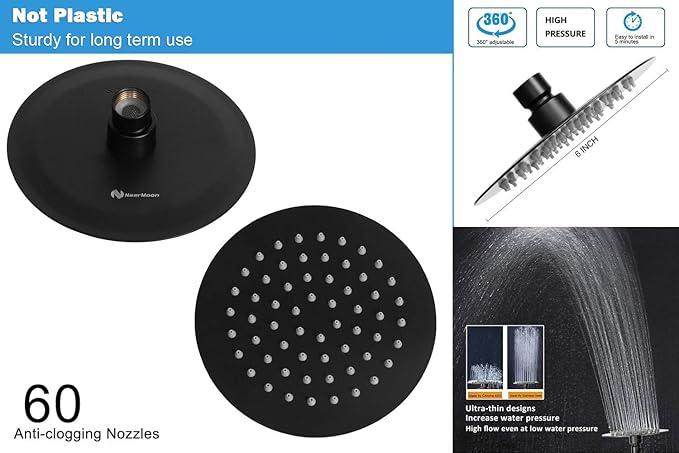 NearMoon Shower Head and 15 Stage Shower Filter Combo, High Pressure Filtered Shower for Hard Water, Improves the Condition of Your Skin, Hair (6 Inch, Black)