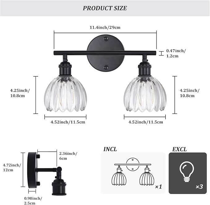 Bathroom Light Fixtures, 2-Light Black Vanity Wall Light Over Mirror with Clear Tulip Glass Shade for Bedroom Living Room (Bulb Not Included)