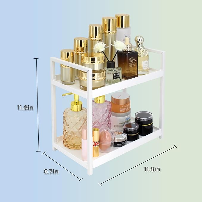 2-Tier Countertop Organizer for Bathroom – Cosmetic Organizer Rack and Storage Shelf for Bedrooms, Offices, Kitchen Counters, and Under Sinks (White)