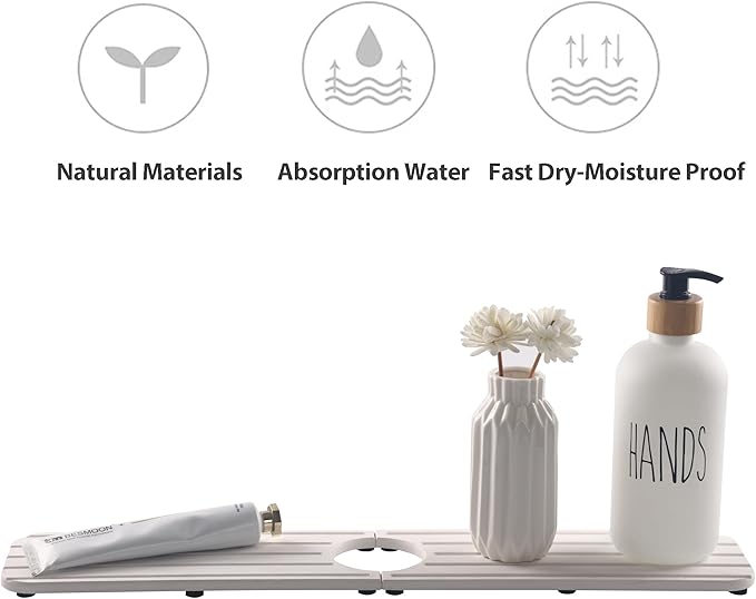 20inch x 4inch Kitchen Sink Faucet Mat, Water Absorbing Stone Faucet Splash Guard for Bathroom Counter, Quick Drying Diatomite Tray for Kitchen Sink, White