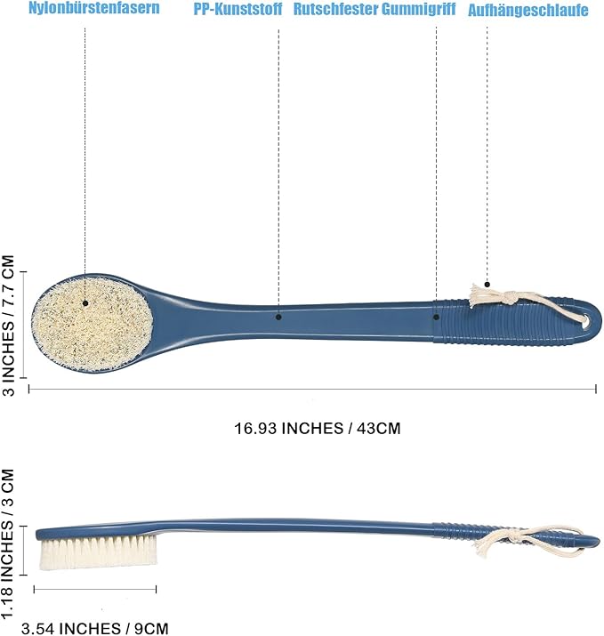 17-Inch Back Scrubber for Shower, Anti-Slip Exfoliating Body Brush for Bath, Gentle Back Brush for Shower for Men, and Women, Cleaning Skin for Smooth, Glowing Skin (Blue)