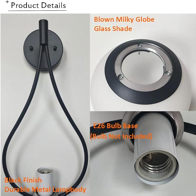 HOLKIRT Black Wall Sconces Set of Two Mid Century Modern Wall Light Fixtures for Bedroom Living Room Bathroom with White Opal Hand Blown Globe Glass