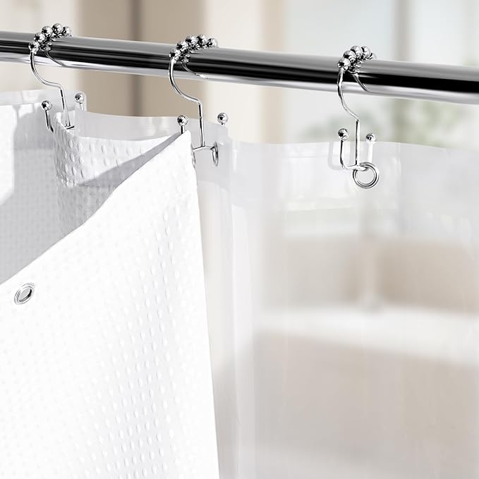 3 in 1 Shower Curtain Set, Waffle Shower Curtain and Liner Set with 12 Double Sided Shower Curtain Hooks, 258GSM Luxury Weighted Cloth Shower Curtains for Bathroom, 72 W x 84 H, White