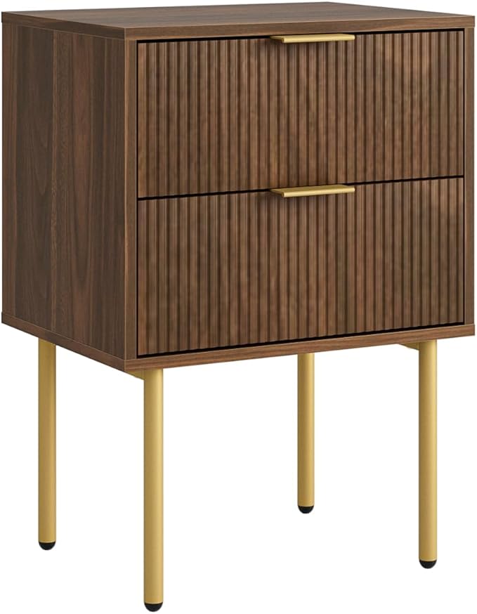 Masupu Night Stand,Mid-Century Modern Bedside Table with 2 Storage Drawer,Small Gold Frame Side End Table for Bedroom,Living Room, Walnut