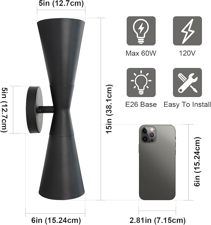 Wall Sconces Set of Two, Bathroom Sconces Lighting 15 inch Black Modern Sconces Wall Decor Set of 2 Indoor Wall Light Fixtures for Living Room Hallway Staircase Bedroom Hardwired