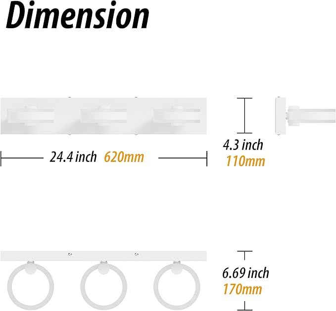 LED Bathroom Light Fixtures, 24inch White Vanity Lights, Modern 3 Light Acrylic Wall Sconces, 350° Rotatable Wall Lighting Fixture Over Mirror