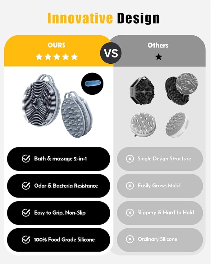 2 in 1 Silicone Body Scrubber, Anti Cellulite Massage Scrubber, Exfoliating Shower Brush for Men & Women, Removes Dead Skin, Reduces Cellulite, Improves Circulation, Fast Dry, Non Slip (1PC, Grey)