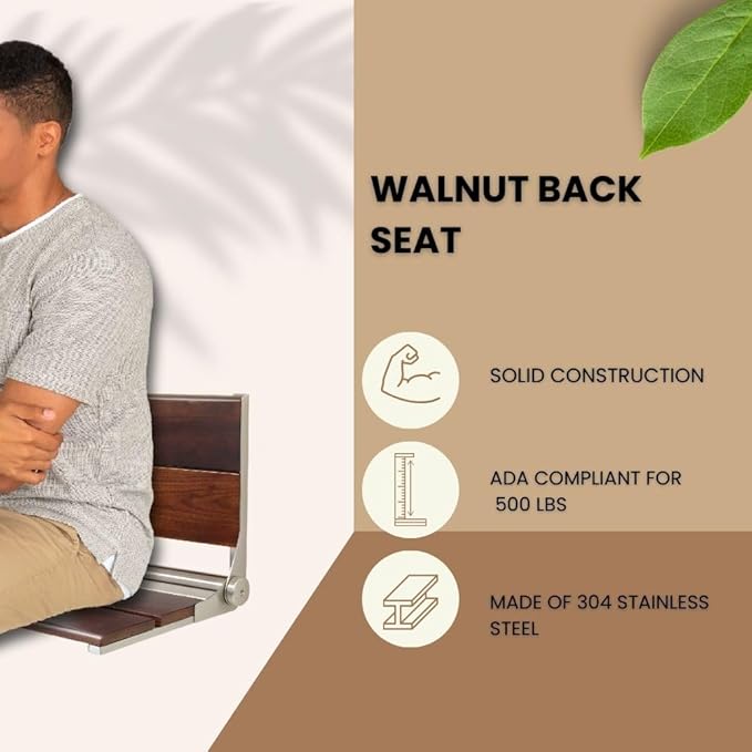 Folding Shower Seat Wall Mounted with Back | 500 lbs Maximum Load Capacity | ADA Compliant Safety Assist Teak Shower Seat for Seniors, Handicapped, and Children | 304 Stainless Steel Frame | 18” x 16”