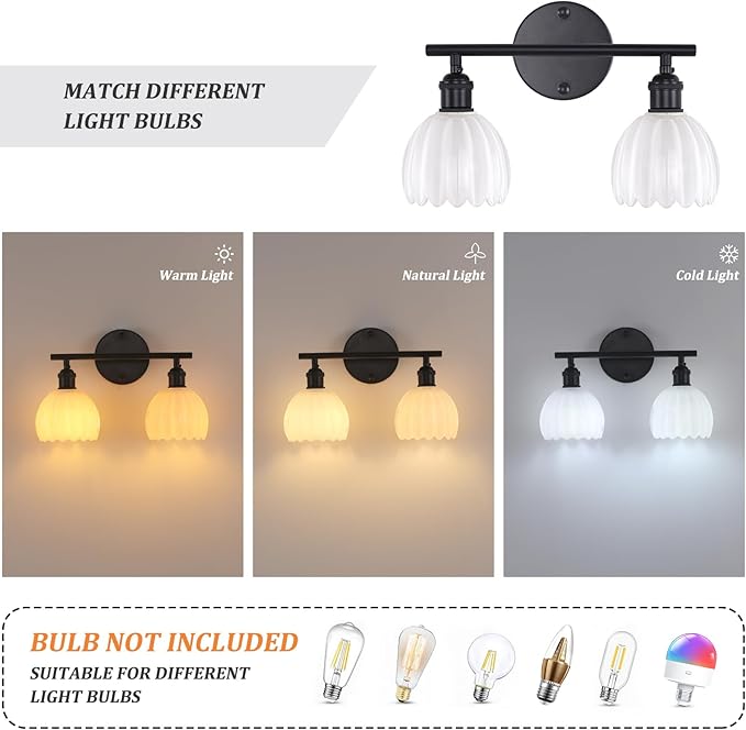 Bathroom Light Fixtures, 2-Light Black Vanity Wall Light Over Mirror with White Tulip Glass Shade for Bedroom Living Room (Bulb Not Included)