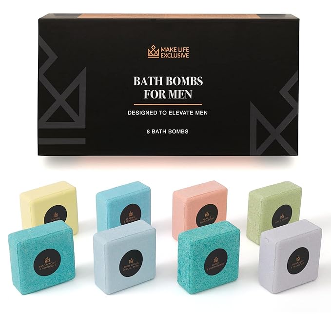 Bath Bombs for Men, Block Shape, Gifts for Men, 8 Large 5oz Bombs, 100% Natural Products & Essential Oils, Soak in, Bubble Bath