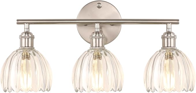 Bathroom Light Fixtures, 3-Light Vanity Wall Light Over Mirror with Clear Tulip Glass Shade for Bedroom Living Room (Bulb Not Included), Satin Nickel