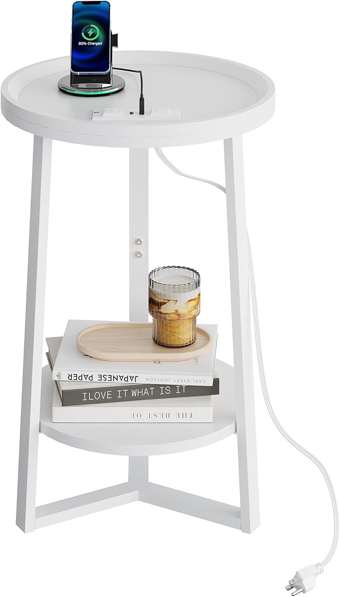 WLIVE Round End Table with Charging Station, 2 Tier Side Table for Living Room/Bedroom, Round Nightstand with Storage Shelf, Small Spaces, Wood Tabletop & Metal Frame, White