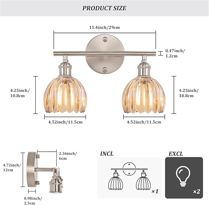 Bathroom Light Fixtures, 2-Light Vanity Wall Light Over Mirror with Amber Tulip Glass Shade for Bedroom Living Room (Bulb Not Included), Satin Nickel