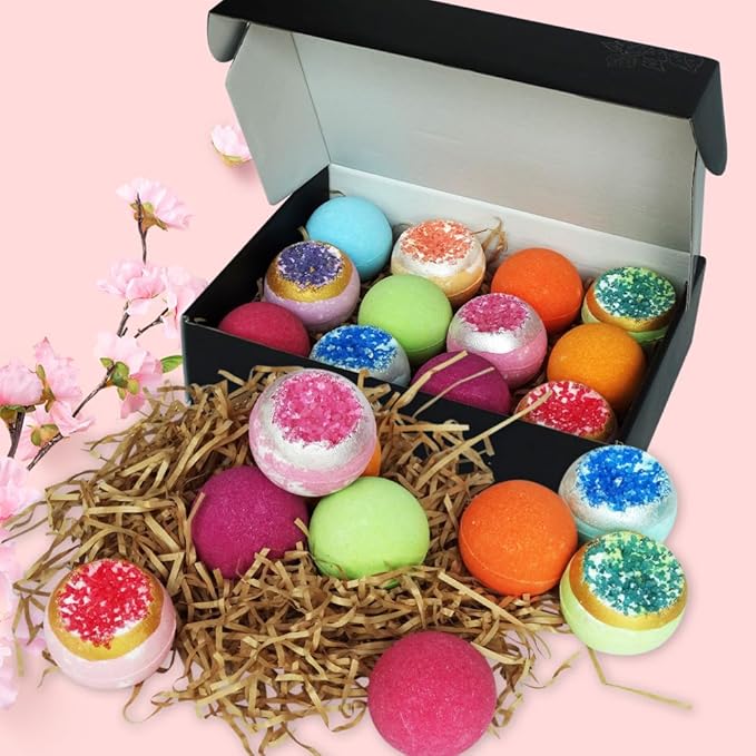 KAV Bath Bombs for Women — Natural Geode Bathbombs for Girls, Tweens | Set of 12 Organic Bath Bomb Giftset with Various Scents and Colors, Moisturizing Spa Fizzies — Essential Oil Infused Gift-Ready