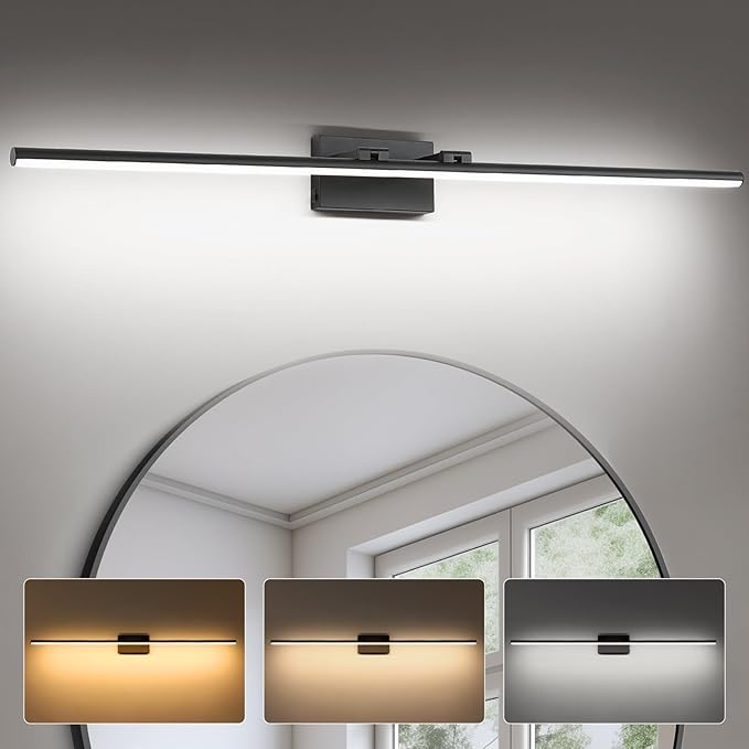 48 Inch LED Bathroom Vanity Light (3000K/4000K/6000K, Dimmable), Black Modern Bathroom Light Fixture Over Mirror, Vanity Light Bar with Angle Adjustable