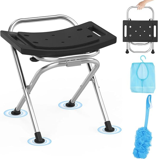 Meday Folding Shower Chair for Inside Shower - Stainless Steel Foldable Shower Seat with Cushion - 400lbs Bathroom Stool, Collapsible Portable Travel Bath Bench for Elderly Senior Handicap & Disabled