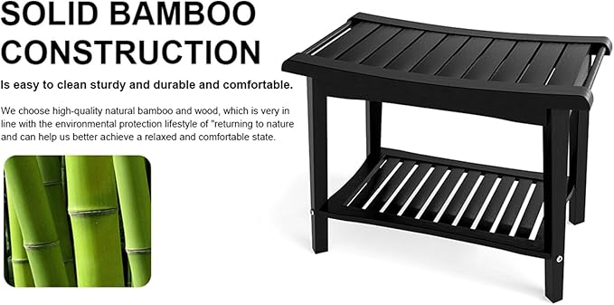 Bamboo Shower Bench with Storage Shelf, Waterproof Bath Stool for Bathroom, Spa Chair for Sitting, Shaving Legs, Elderly & Senior Safe, Heavy-Duty Bath Bench Chair, 23", 300 lbs Capacity (Black)