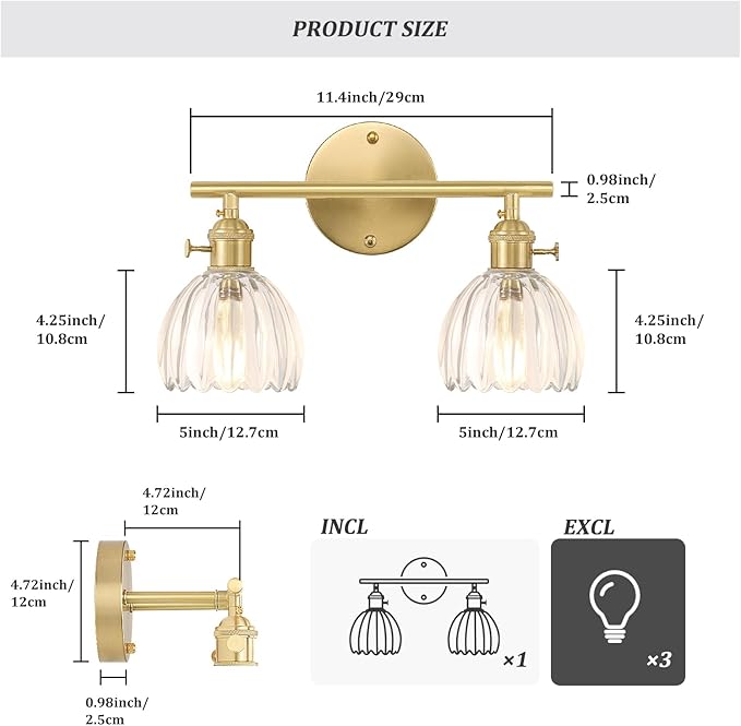 Bathroom Light Fixtures, 2-Light Brass Vanity Wall Light Over Mirror with Clear Tulip Glass Shade for Bedroom Living Room (Bulb Not Included)