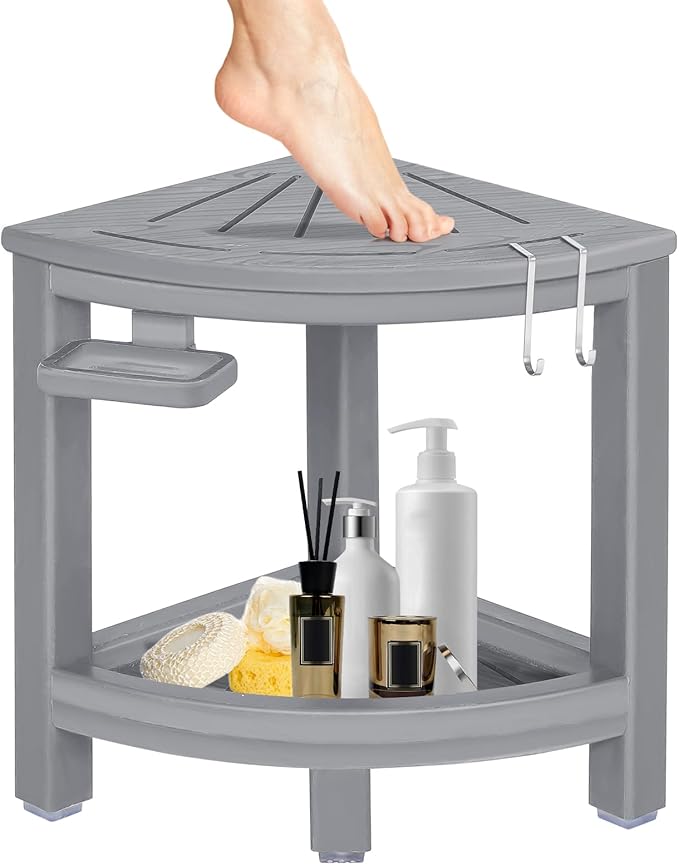2-Tier Corner Shower Stool with Hooks & Soap Dish, HDPE Shower Bench for Shaving Legs, Wood-Like Shower Stool for Inside Shower with Non-Slip Foot Pads, Waterproof Shower Foot Rest (Grey)