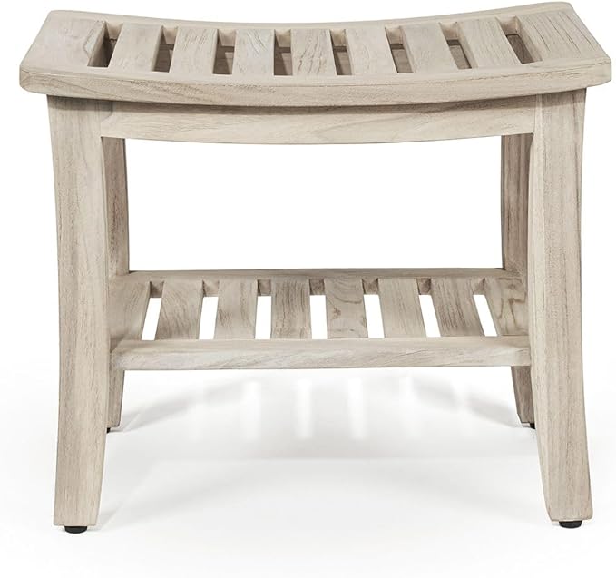 TeakCraft Patented Gray Teak Shower Bench with Shelf 21 Inch for Bathroom, Spa - Fully Assembled, Shower Stool, Rustic Gray Finish, The Lavici