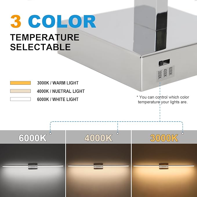 48 Inch LED Bathroom Vanity Light (3000K/4000K/6000K, Dimmable), Chrome Modern Bathroom Light Fixture Over Mirror, Vanity Light Bar with Angle Adjustable