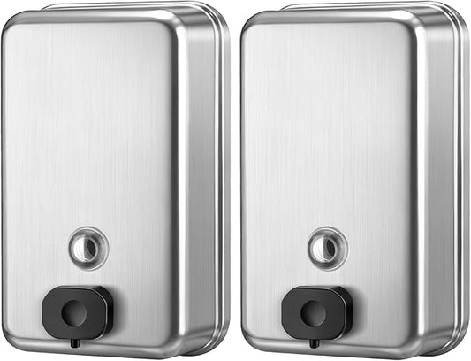 2 Pack Commercial Wall Mount Soap Dispenser 1100ml/37oz Each – Heavy Duty Stainless Steel Liquid Hand Soap Dispenser with Anti-Leak Pump & Corrosion-Proof Liner for Bathroom, Kitchen, Hotel (Vertical)