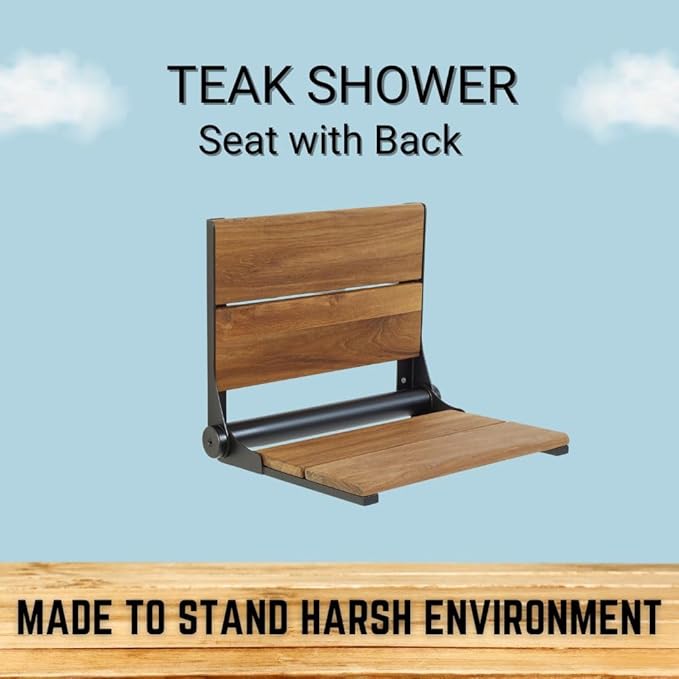 Teak Shower Seat - Type 304 Stainless Steel/Contoured 1" Natural Wood Slats/ADA Folding Wall Mount Bench/Matte Black / 18" x 16"